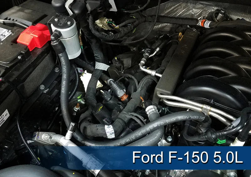 J&L 2011-2025 Ford F-150 2.7L/3.5L/5.0L Passenger Side Oil Separator 3.0 - Clear Anodized - Side View