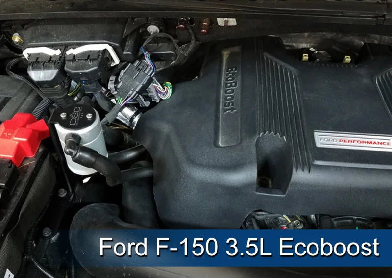 J&L 2011-2025 Ford F-150 2.7L/3.5L/5.0L Passenger Side Oil Separator 3.0 - Clear Anodized - Installation View