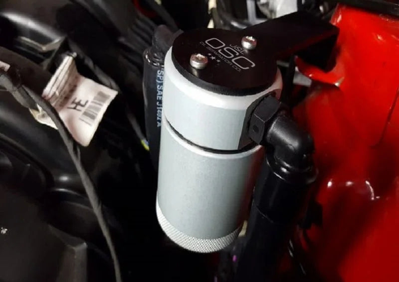 J&L 2015-2023 Ford Mustang EcoBoost Driver Side Oil Separator 3.0 - Clear Anodized - Side View
