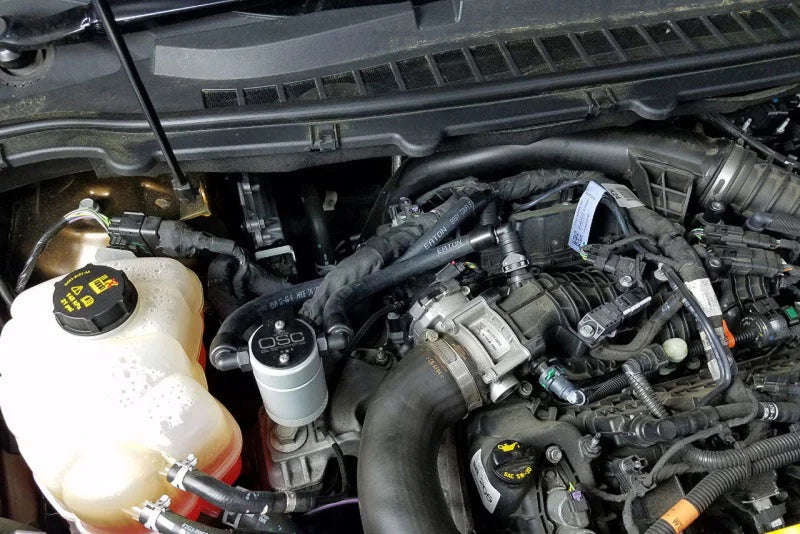 J&L 2015-2024 Ford Edge Sport/ST Passenger Side Oil Separator 3.0 - Clear Anodized - Side View