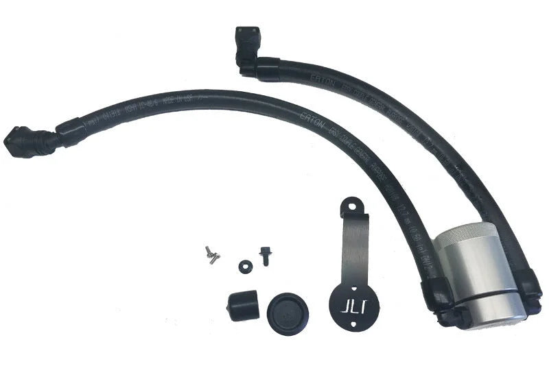 J&L 2018-2023 Ford Mustang GT Driver Side Oil Separator 3.0 - Clear Anodized - Side View