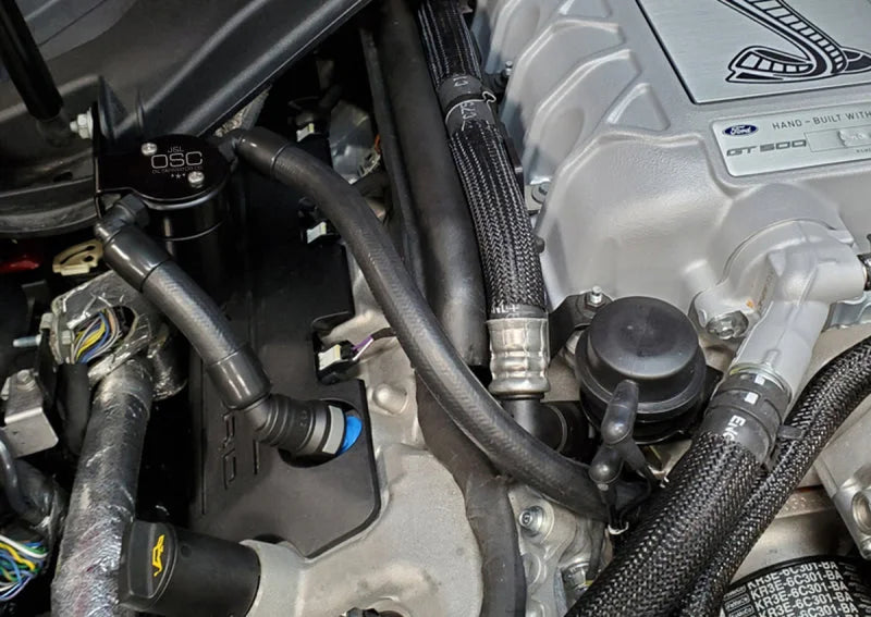J&L 2020-2022 Ford Mustang GT500 Passenger Side Oil Separator 3.0 - Black Anodized - Side View