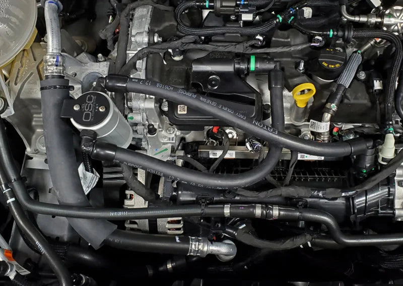 J&L 2021-2024 Ford Bronco 1.5L EcoBoost Passenger Side Oil Separator 3.0 - Clear Anodized - Detail View