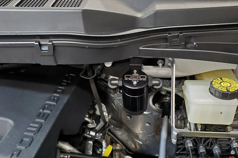 J&L 2021-2025 Ford F-150 3.5L Passenger Side Oil Separator 3.0 - Black Anodized - Detail View