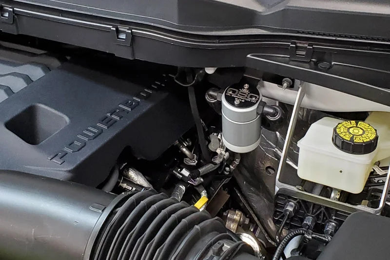 J&L 2021-2025 Ford F-150 3.5L Passenger Side Oil Separator 3.0 - Clear Anodized - Side View