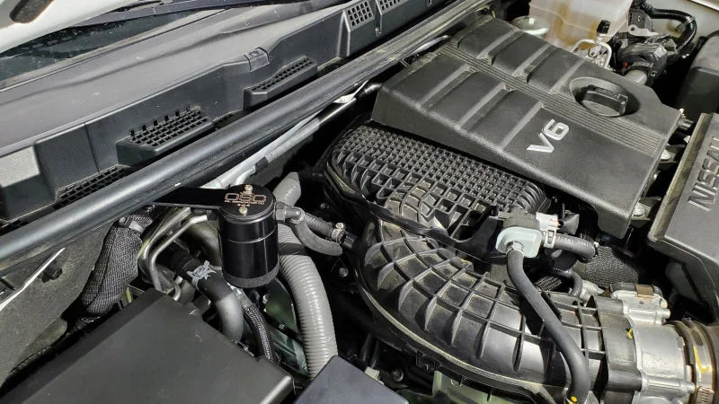 J&L 2022-2025 Nissan Frontier 3.8L V6 Passenger Side Oil Separator 3.0 - Black Anodized - Side View