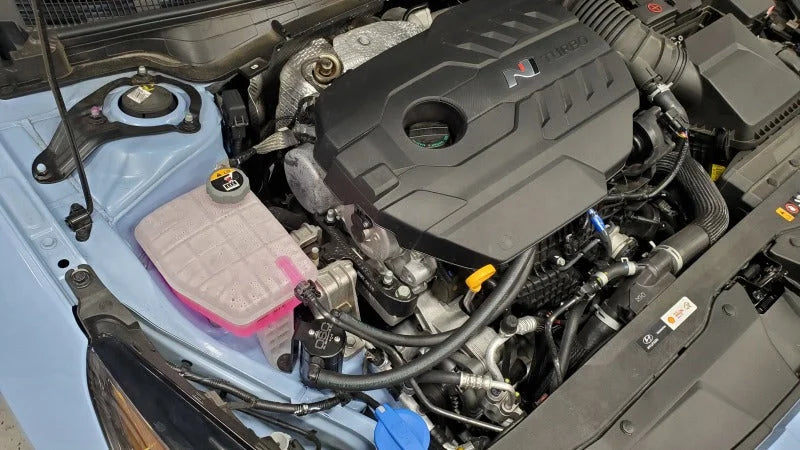 J&L 22-25 Hyundai Elantra N 2.0L Oil Separator 3.0 Passenger Side - Black Anodized - Detail View