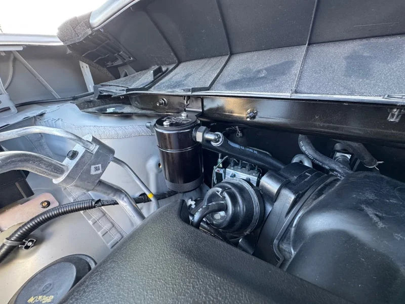 J&L 22-25 Nissan Pathfinder / 22-24 Infiniti QX60 3.5L PCV Side Oil Separator 3.0 - Blk Anodized - Back View