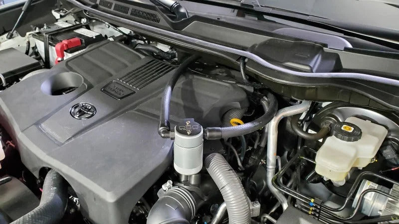 J&L 22-25 Toyota Tundra, 23-25 Sequoia 3.5L Turbo Oil Separator 3.0 Driver Side - Clear Anodized - Side View