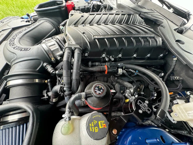 J&L 24+ Ford Mustang 5.0L (w/ Whipple Supercharger) Oil Separator - 3.0 CCV Side Black Anodized - Side View