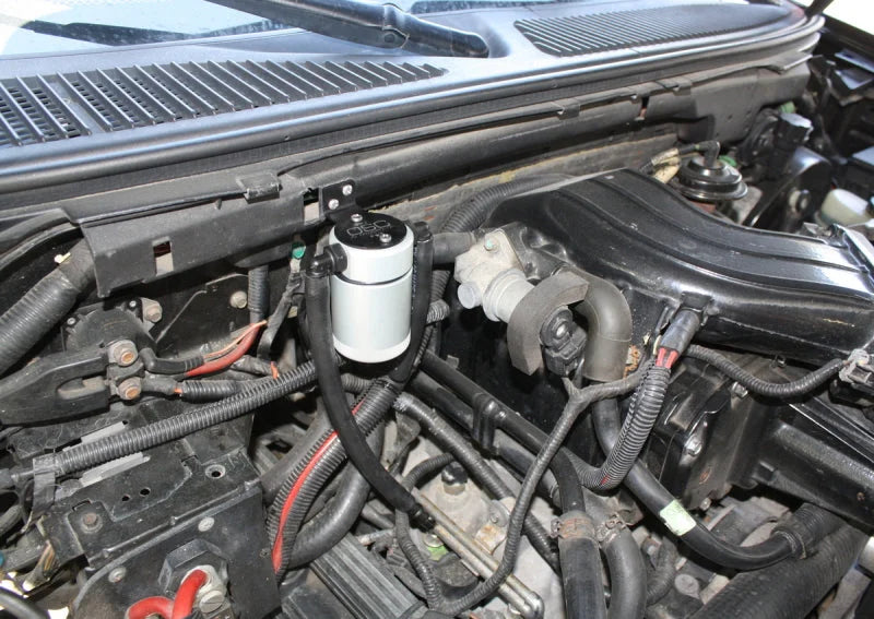 J&L 99-04 Ford Lightning Passenger Side Oil Separator 3.0 - Clear Anodized - Side View
