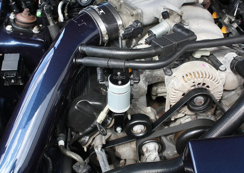 J&L 99-04 Ford Mustang GT Passenger Side Oil Separator 3.0 - Clear Anodized - Side View