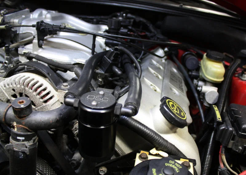 J&L 99-04 Ford Mustang SVT Cobra Driver Side Oil Separator 3.0 - Black Anodized - Detail View