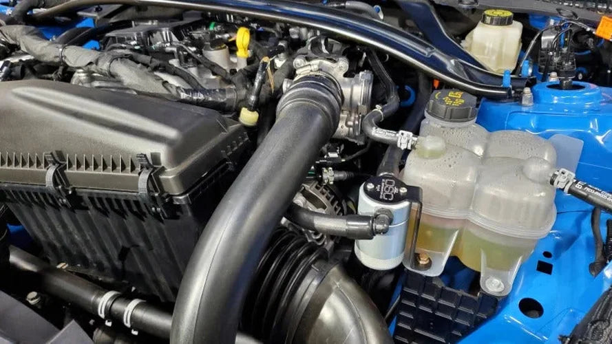 J&L 24-26 Ford Mustang EcoBoost Driver Side Oil Separator 3.0 - Clear Anodized - Side View
