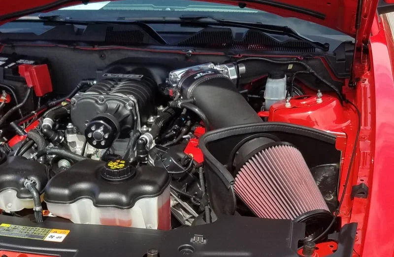 JLT 11-14 Ford Mustang GT (w/Roush/Whipple S/C) Black Textured Big Air Intake w/Red Filter -Tune Req - Side View