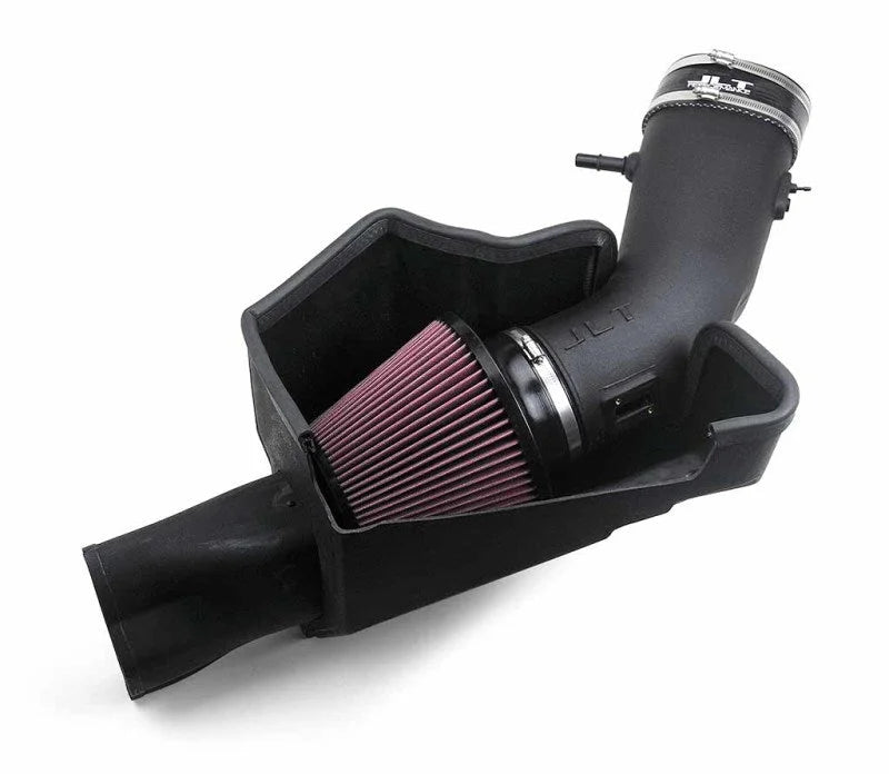 JLT 15-17 Ford Mustang GT (w/Roush/VMP Supercharger) Blk Tex CAI Kit w/Red Filter - Tune Req - Side View