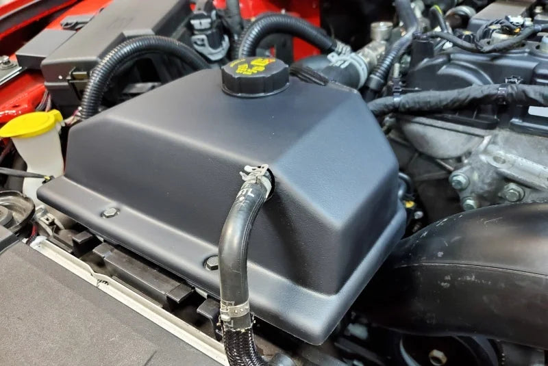 JLT 15-19 Ford Mustang Black Textured Coolant Tank Cover - Side View