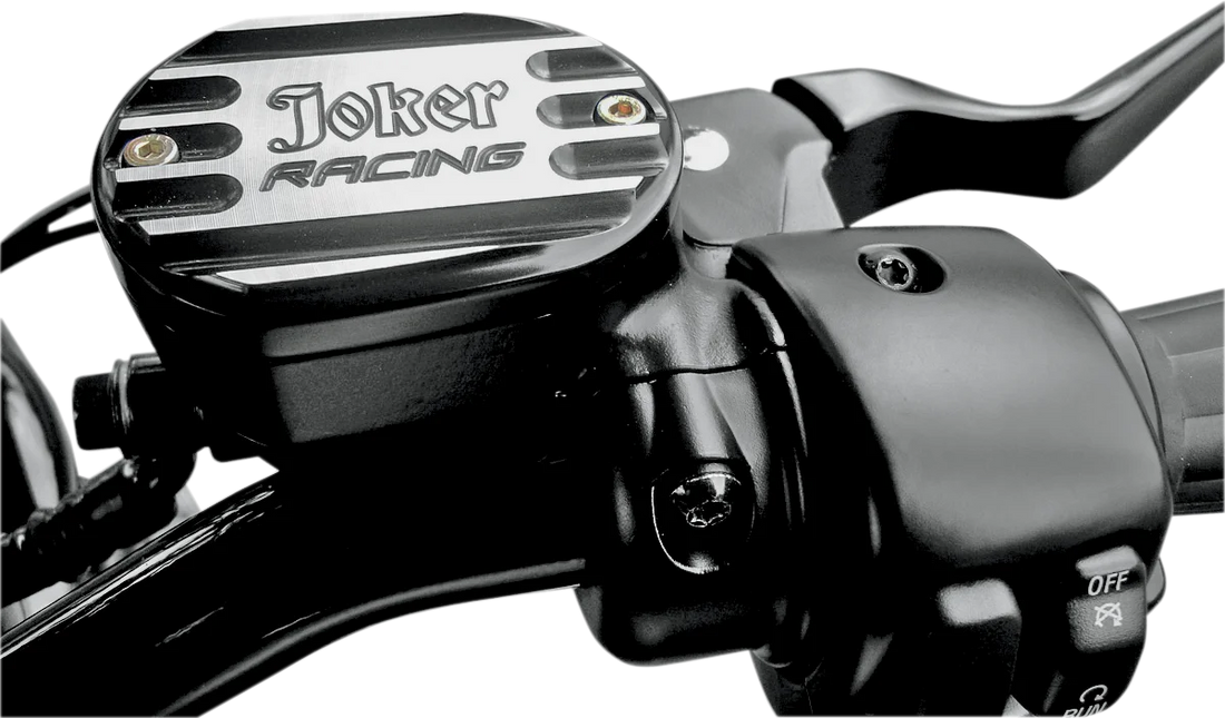 Joker Machine Master Cylinder Cover - Brake - Front - Joker Logo - Black 10-381B - Side View