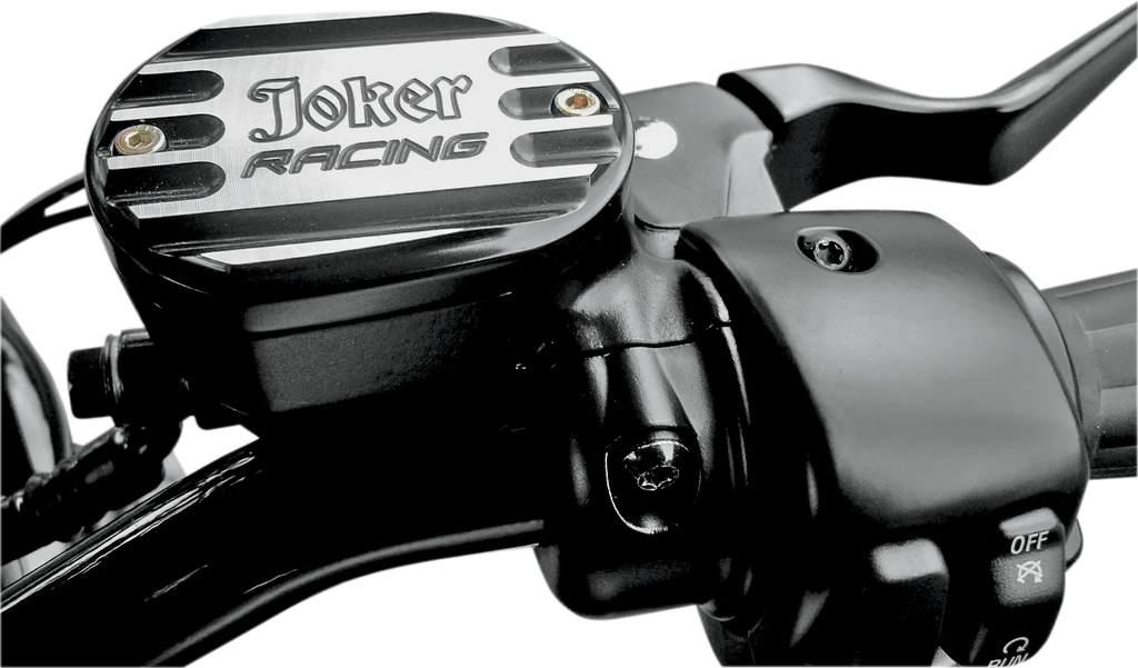 Joker Machine Master Cylinder Cover - Brake - Front - Joker Logo - Black 10-381B - Side View