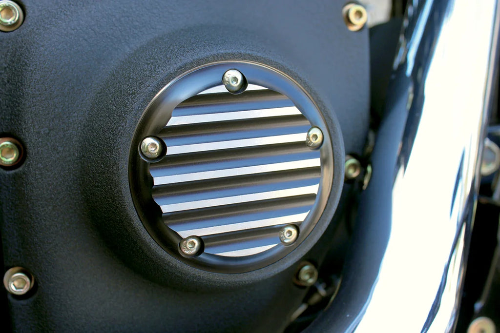 Joker Machine Points Cover - Finned - 5 Hole - Black Anodized/Silver 02-99TC - Side View
