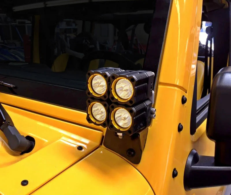 KC HiLiTES 07-18 Jeep JK A-Pillar Windshield Light Mount Bracket Set (Pair) - Black - Installation View