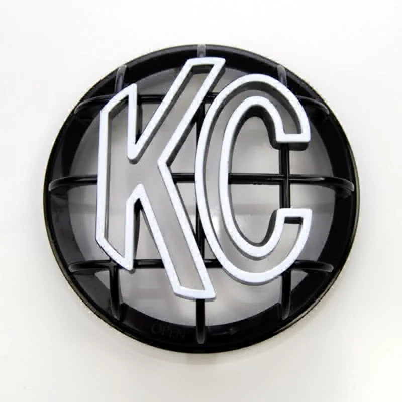 KC HiLiTES 5in. Round ABS Stone Guard for Apollo Lights (Single) - Black w/White KC Logo - Side View