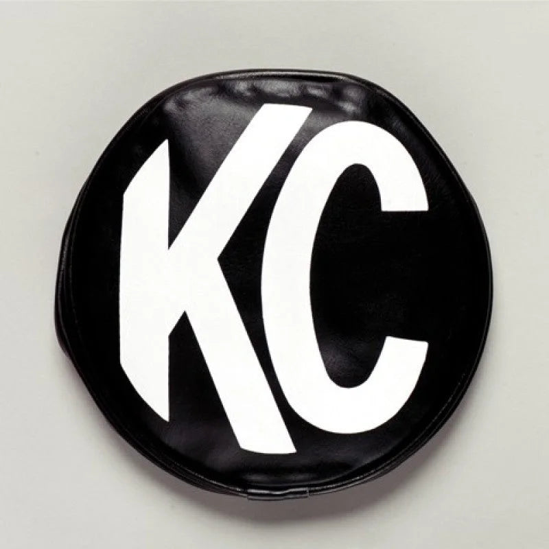 KC HiLiTES 6in. Round Soft Cover (Pair) - Black w/Yellow KC Logo - Back View