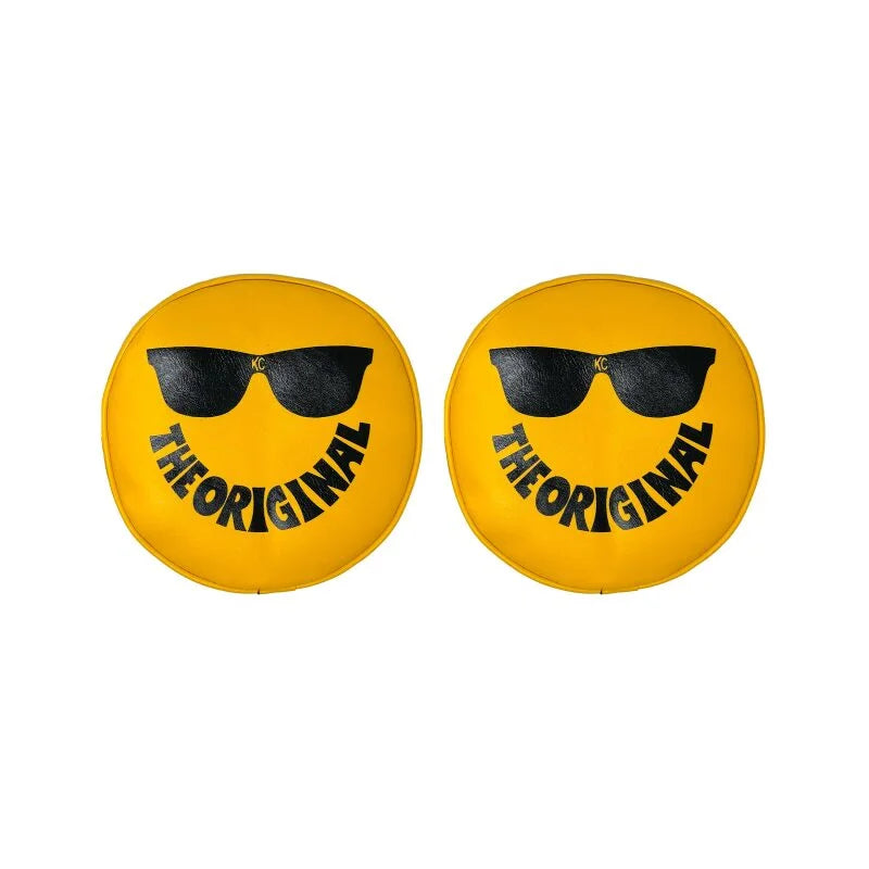 KC HiLiTES Retro 8in Round Yellow Vinyl Light Cover w/ Black KC The Original Logo (Pair) - Side View