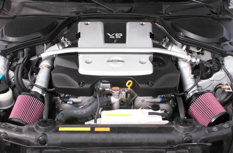 K&N 07-08 350z Dual Silver Typhoon Short Ram Intake - Side View