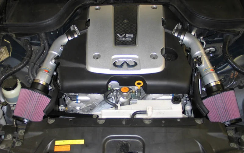 K&N 07-08 G35 Dual Silver Typhoon Short Ram Intakes - Side View