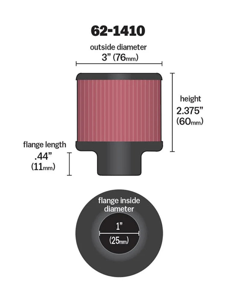 K&N 1 inch ID 3 inch OD 2.375 inch H Rubber Base Crankcase Vent Filter - Main Product View