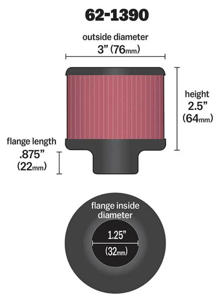 K&N 1.25in Flange ID x 3in OD x 2.5in H Rubber Base Crankcase Vent Filter - Side View