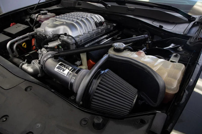 K&N 17-23 Dodge Charger/Challenger Hellcat SC 6.2L V8 DRYFLOW Performance Air Intake System - Side View