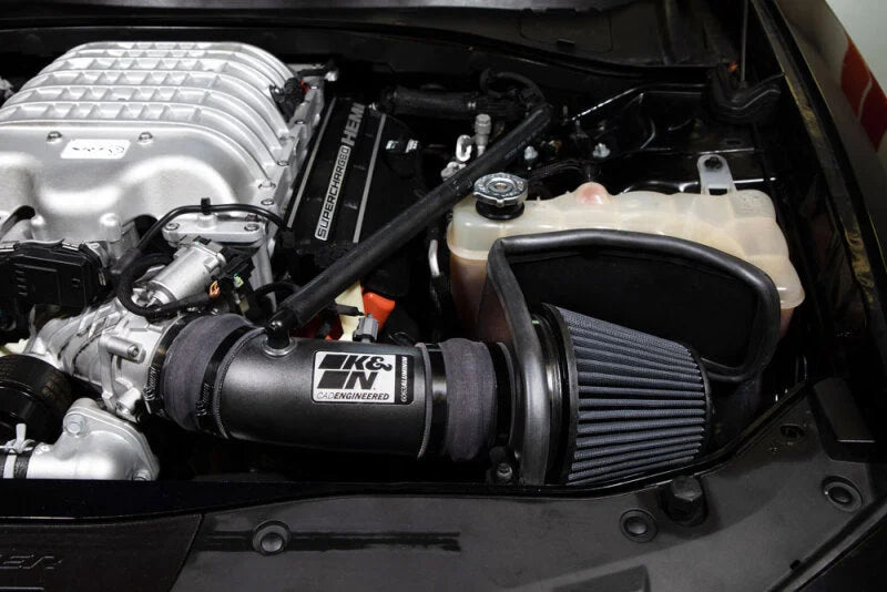 K&N 17-23 Dodge Charger/Challenger Hellcat SC 6.2L V8 DRYFLOW Performance Air Intake System - Installation View
