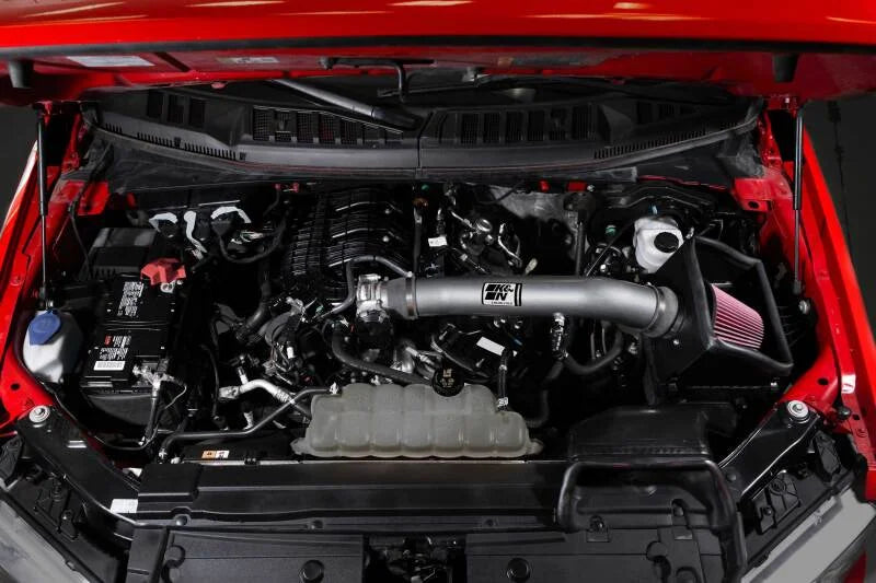 K&N 18-24 Ford F150 3.3L V6 Performance Air Intake System w/ Red Air Filter - Back View