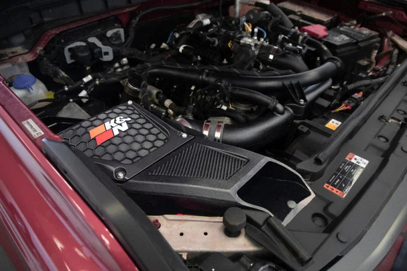 K&N 21-23 Ford Bronco 2.7L V6 F/I DRYFLOW Performance Air Intake System - Back View