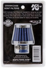Load image into Gallery viewer, K&amp;N 2in Base OD x .375in Flange ID x 1.75in H Rubber Base Crankcase Vent Filter - Blue - Installation View