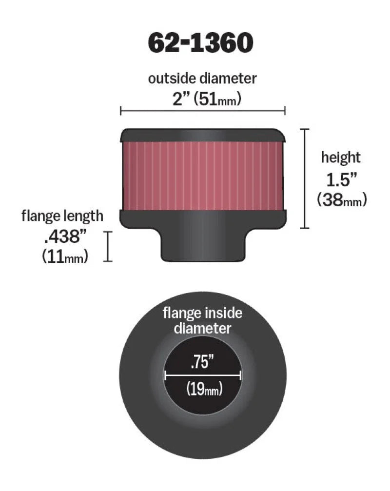 K&N 3/4 inch ID 2 inch OD 1.5 inch H Clamp On Crankcase Vent Filter - Side View