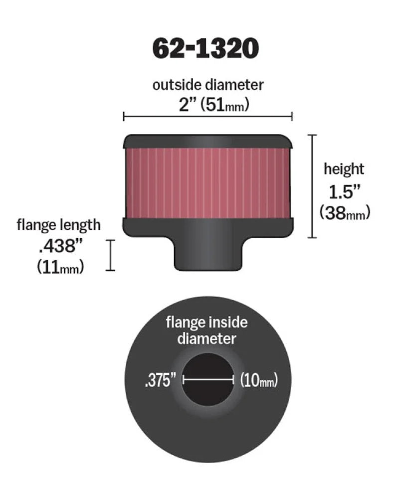 K&N Clamp On Rubber Base Crankcase Vent Filter 0.375in Flange ID x 2in OD x 1.5in Height - Main Product View