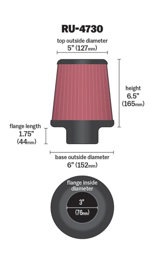 K&N Filter 3 inch Flange 6 inch Base 5 Top 6 1/2 inch Height - Main Product View