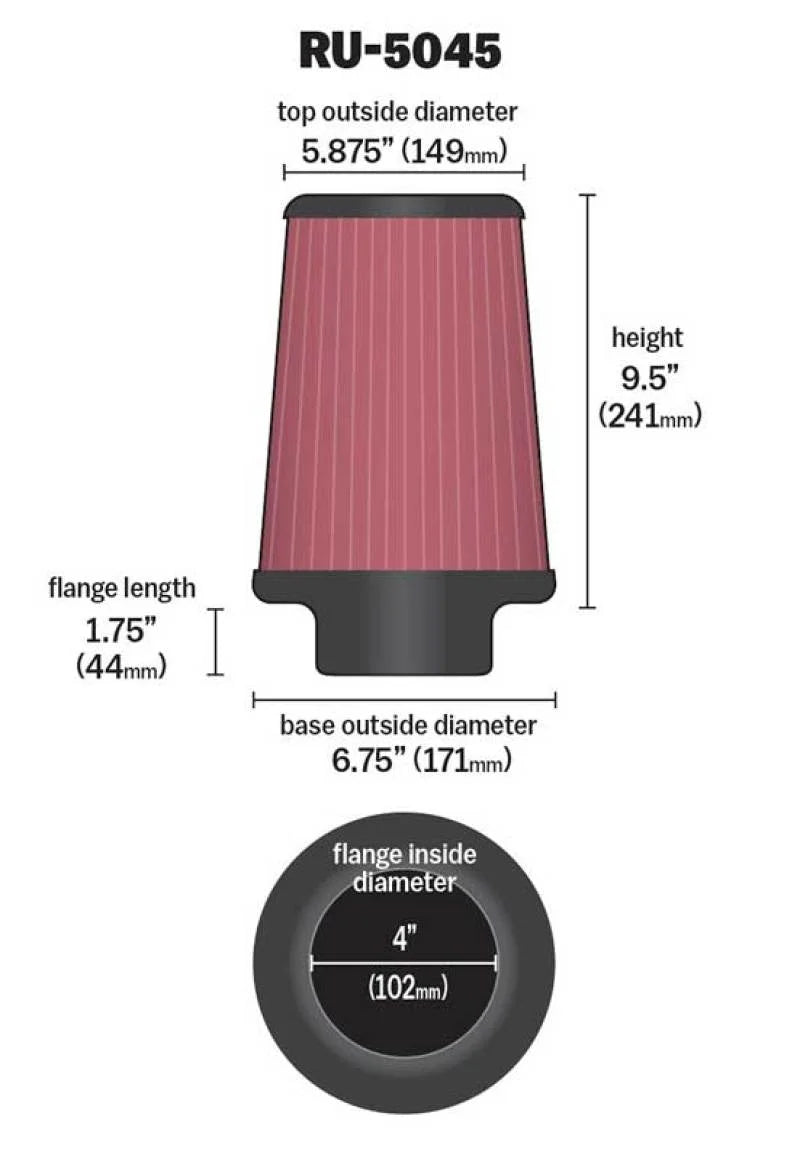 K&N Filter 4 inch Flange 6 3/4 inch OD Base 5 7/8 inch OD Top 9 1/2 inch Height - Detail View