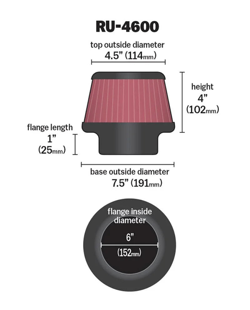 K&N Filter 6 inch Flange 7.5 inch Base 4.5 Top 4 inch Height - Back View