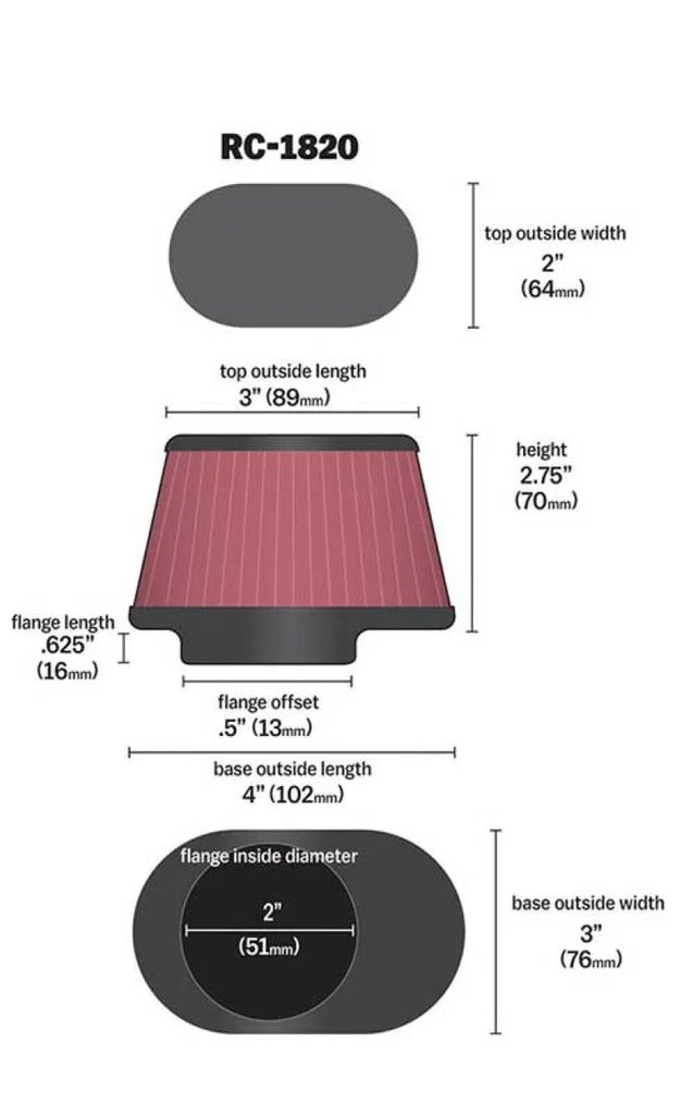 K&N Filter Universal Clamp-On Filter 2in Flange / 2-23/32in Base / 3in x 2in Top / 2-3/4in Height - Additional View 8