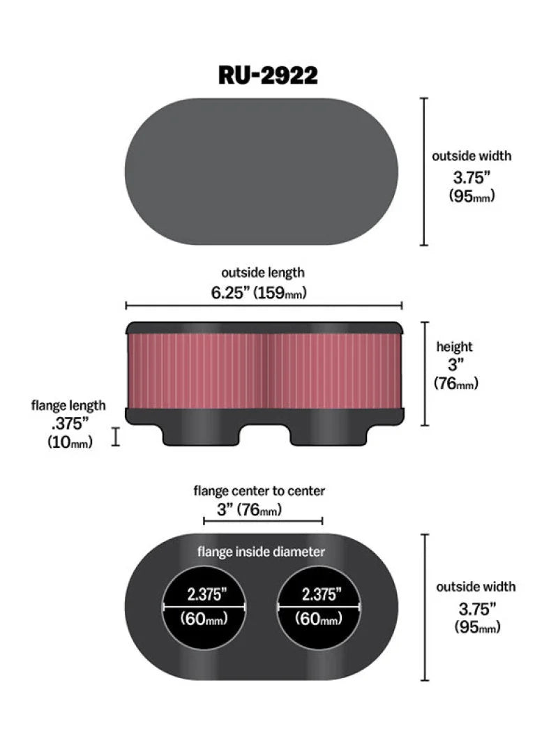 K&N Filter Universal Filter 2 3/4 inch Dual Flange GSXR Oval (2/Box) - Side View