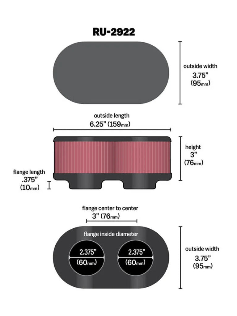 K&N Filter Universal Filter 2 3/4 inch Dual Flange GSXR Oval (2/Box) - Side View