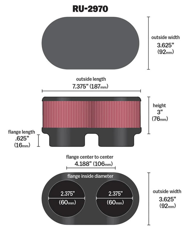 K&N Filter Universal  Filter 2 3/8 inch Dual Flange 107mm C-C 3 inch Height - Back View