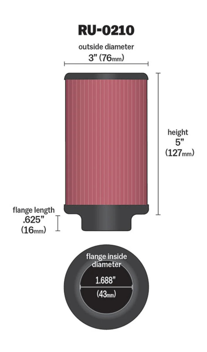 K&N Filter Universal Rubber Filter 1-11/16in FLG / 3in OD / 5in Height - Side View