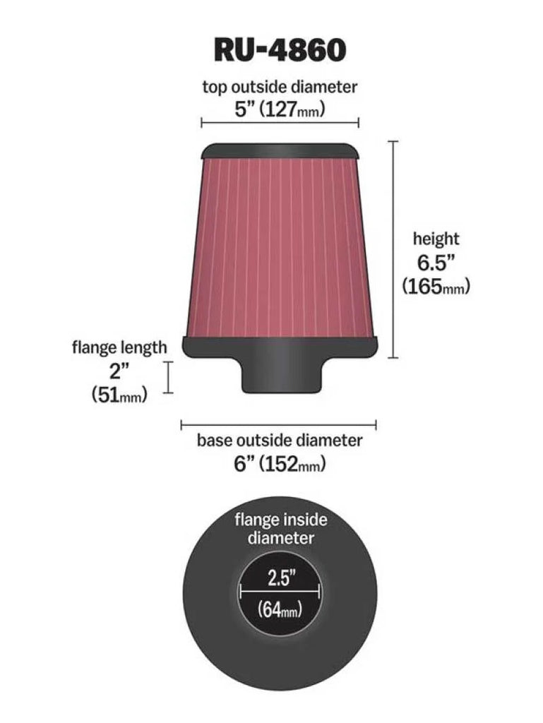 K&N Filter Universal Rubber Filter 2 1/2 inch Flange 6 inch Base 5 inch Top 6 1/2 inch Height - Side View