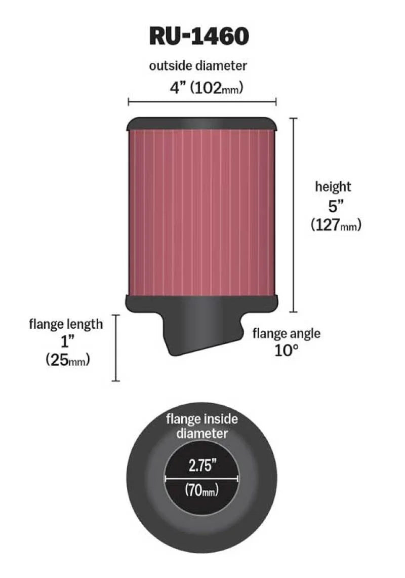 K&N Filter Universal Rubber Filter 2 3/4 inch 10 Degree Flange 4 inch OD 5 inch Height - Side View