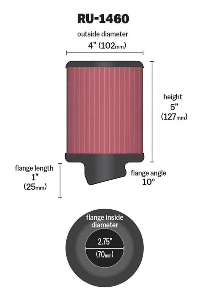 K&N Filter Universal Rubber Filter 2 3/4 inch 10 Degree Flange 4 inch OD 5 inch Height - Side View